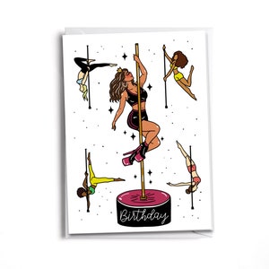 May include: A birthday card featuring a pink and white pole with five women in various poses. The card has a pink base with the word "Birthday" written in white.