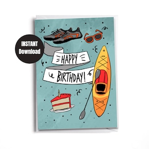 Tarjeta de cumpleaños imprimible para amantes del kayak y el lago / Tarjeta descargable / Descarga digital instantánea