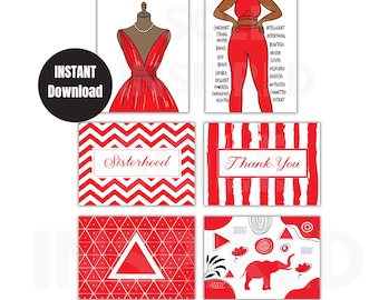 Sorority Inspired - Systerskap Utskrivbart Kortpaket | 6 Vikta Röda & Vita Uppmuntranskort | Direkt Nedladdning