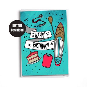 Afdrukbare verjaardagskaart voor stand-up paddlesurfen | Downloadbare kaart | Digitale directe download