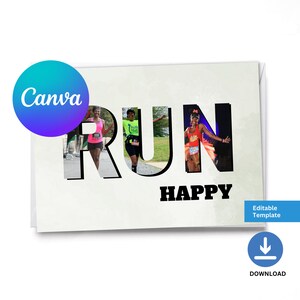 Editable Run Happy Canva Template | Customize | A7 Card Template  for Marathon Card, Half Marathon, 10k, 5K or Birthday