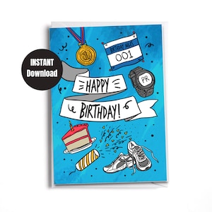 Cartão de feliz aniversário para impressão para corredor - azul | Cartão para download | Download Digital Instantâneo