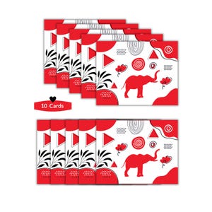 May include: Ten red and white cards with a black and white illustration of an elephant with geometric shapes and swirls. The text "10 Cards" is printed on the bottom of the cards.