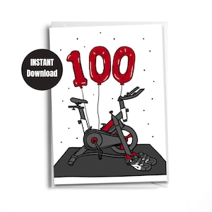 Könnte beinhalten: Eine Grußkarte mit einem schwarzen und grauen stationären Fahrrad mit roten und weißen Fahrradschuhen. Drei rote Ballons mit der Zahl "100" schweben über dem Fahrrad.
