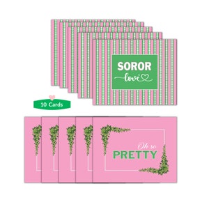 10 PC Pink and Green Flat Cards |AKA Sorority Inspired | Sisterhood, Soror and Oh So Pretty Card Set | Flat-Postcard Style
