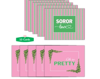 10 PC Pink and Green Flat Cards |AKA Sorority Inspired | Sisterhood, Soror and Oh So Pretty Card Set | Flat-Postcard Style