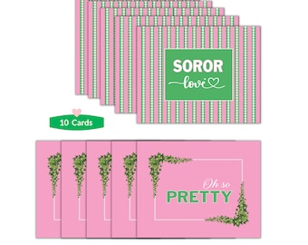 10 PC Pink and Green Flat Card Set: AKA Sorority Inspired Postcard Style
