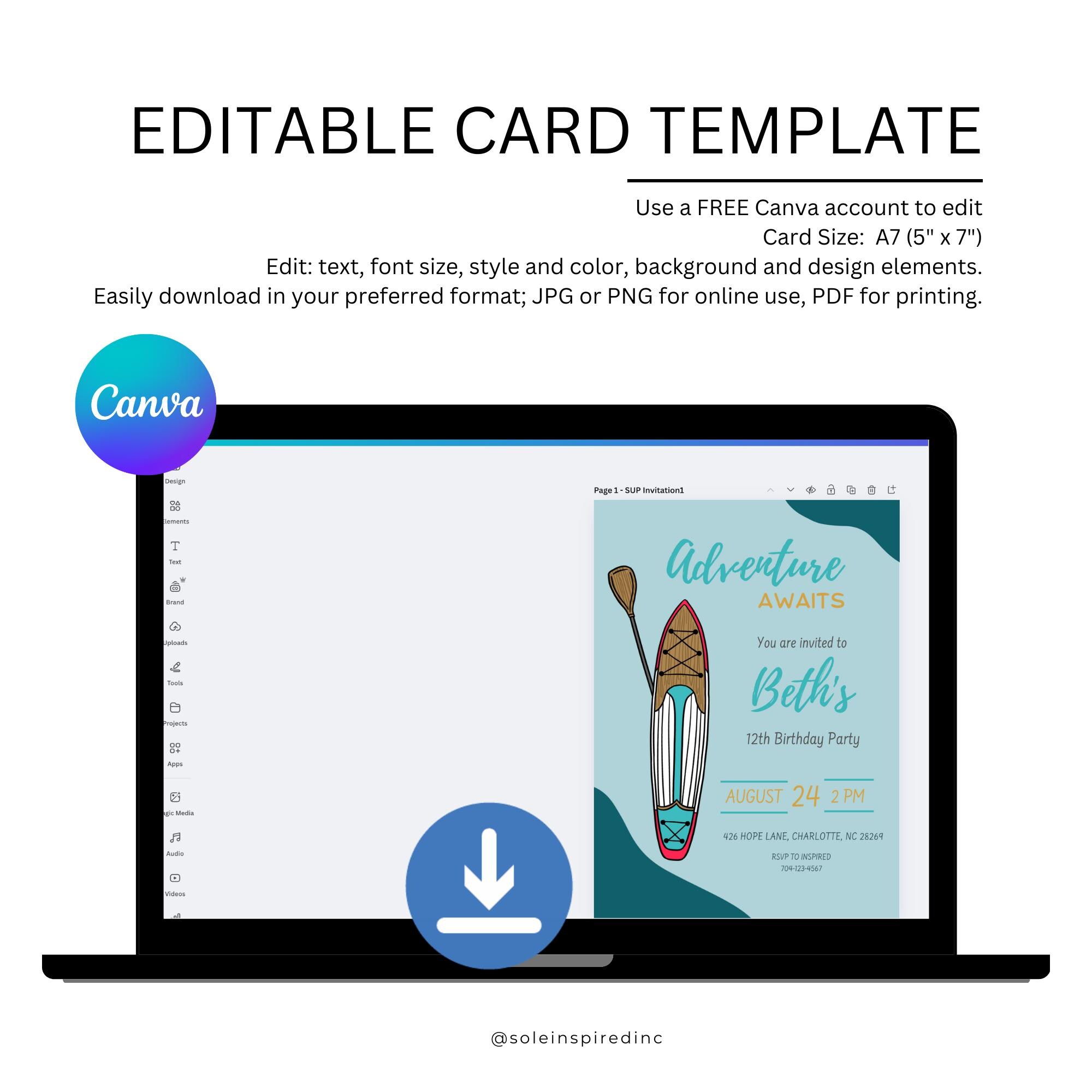 Sup Org Templete Editable SUP Birthday Invitation | Stand-up Paddleboard Adventure Party ...