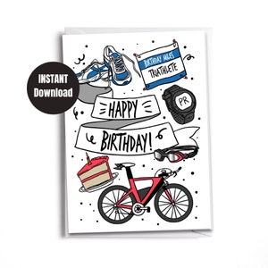 Tarjeta imprimible de feliz cumpleaños para triatleta/Tarjeta descargable/Descarga digital instantánea