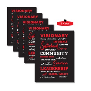 May include: A set of five black cards with red and white text. The cards feature the word "VISIONARY" at the top, with other words like "Sisterhood", "Community", and "Leadership" in a stylized design. A small red banner with "5 Cards" is also present.