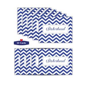 May include: A set of ten cards with a blue and white chevron pattern. Each card features the word "Sisterhood" in a white rectangle. A small heart and the words "10 Cards" are also visible.