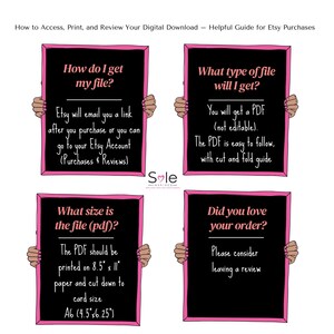 May include: Four black chalkboard signs with pink frames and white text. The signs provide information about accessing, printing, and reviewing digital downloads purchased on Etsy. The signs include the text: "How do I get my file?", "What type of file will I get?", "What size is the file (pdf)?", and "Did you love your order?"