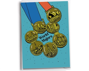 May include: Greeting card with gold medals depicting city skylines, such as Sydney, Boston, London, Berlin, Chicago, and New York. The medals are linked by blue and red ribbons, with the text "World Majors".