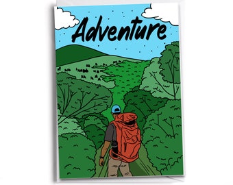May include: A cartoon illustration of a person hiking in a forest with a backpack. The sky is blue with white clouds and the text "Adventure" is written in black.