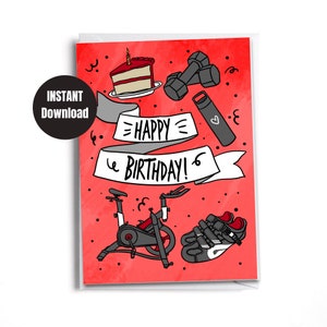 imprimable (rouge) joyeux anniversaire cycliste | Carte téléchargeable | Téléchargement numérique instantané