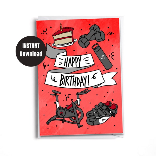 Printable Happy Birthday Cyclist (Red) Card| Downloadable card | Digital Instant Download