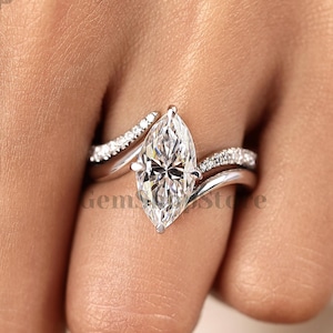 3 CT Marquise Cut Engagement Ring Set Vintage Moissanite Solitaire Ring Set With Unique Matching 14K Solid Gold Wedding Promise Band For Her