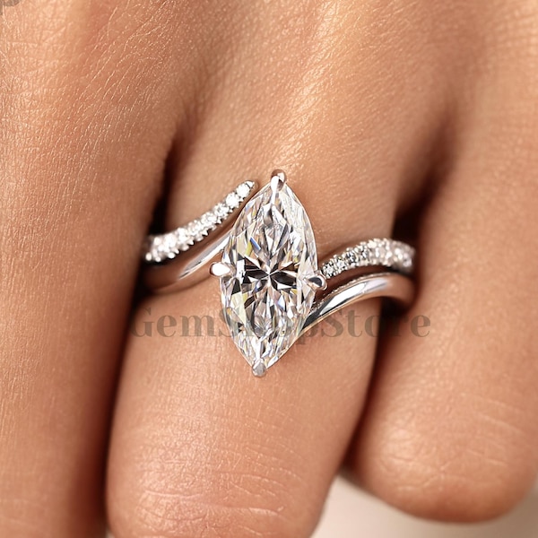 3 CT Marquise Cut Engagement Ring Set Vintage Moissanite Solitaire Ring Set With Unique Matching 14K Solid Gold Wedding Promise Band For Her