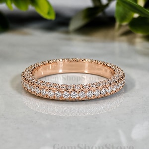 Runder Moissanit-Ehering, Roségold, Eternity-Ring mit doppelter Pavé-Fassung, Jubiläumsring, stapelbarer Luxus-Schmuck, Geschenk für Damen