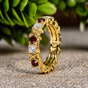 Ruby Moissanite Eternity Band X Cross Design Vintage Wedding Ring Stackable Anniversary Jewelry Unique Bridal Gift for Her Promise Style