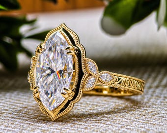 2.5 CT Marquise Cut Moissanite Engagement Ring Vintage Milgrain Yellow Gold Halo Art Deco Bridal Jewelry Anniversary Gift For Her