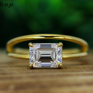 East to West Emerald Cut Moissanite Engagement Ring Double Band Split Shank Ring Wedding Ring Anniversary Ring Birthday Gift Ring for Women