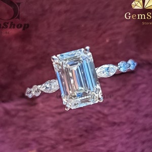 3 CT Emerald Cut Moissanite Engagement Ring Art Deco Ring Marquise & Round Accents Half Eternity 14K Solid Gold Ring Anniversary Gifts