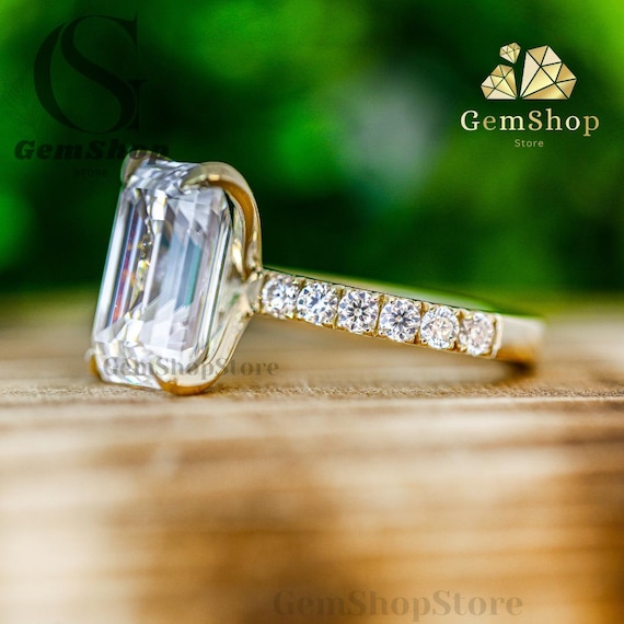 10 CT Emerald Cut Moissanite Engagement Ring 14k Yellow Gold Ring
