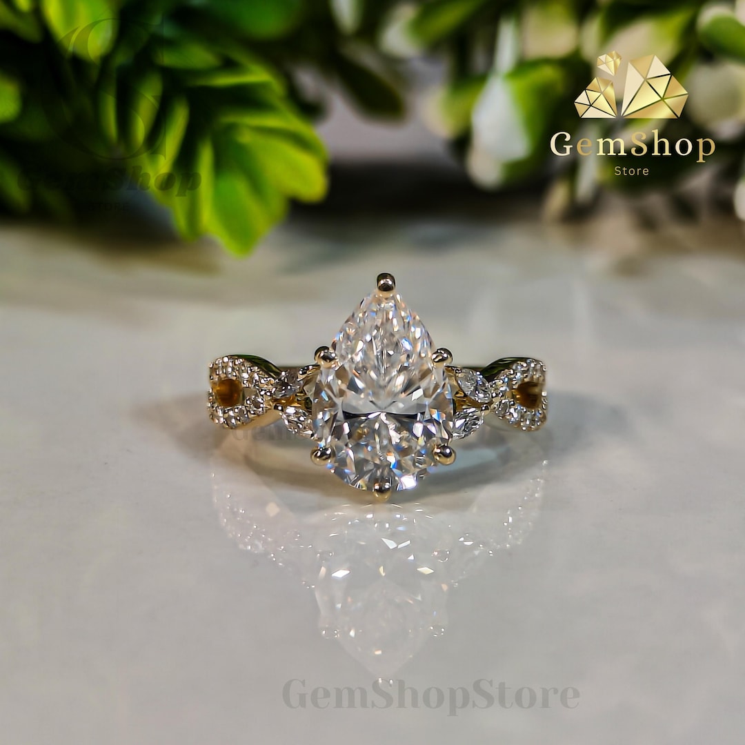 3 CT Pear Cut Lab Grown Diamond Engagement Ring Twisted Pave Band ...