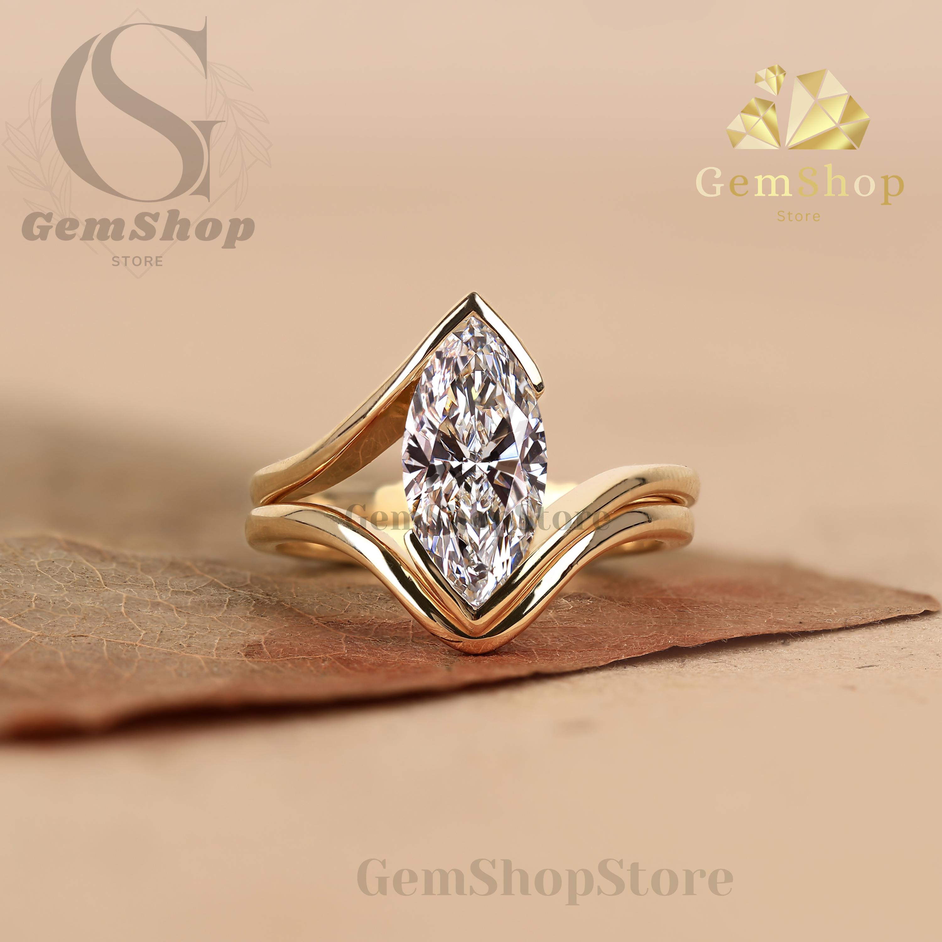 3 CT Marquise Cut Lab Grown Diamond Engagement Ring Set 14k Solid Gold ...