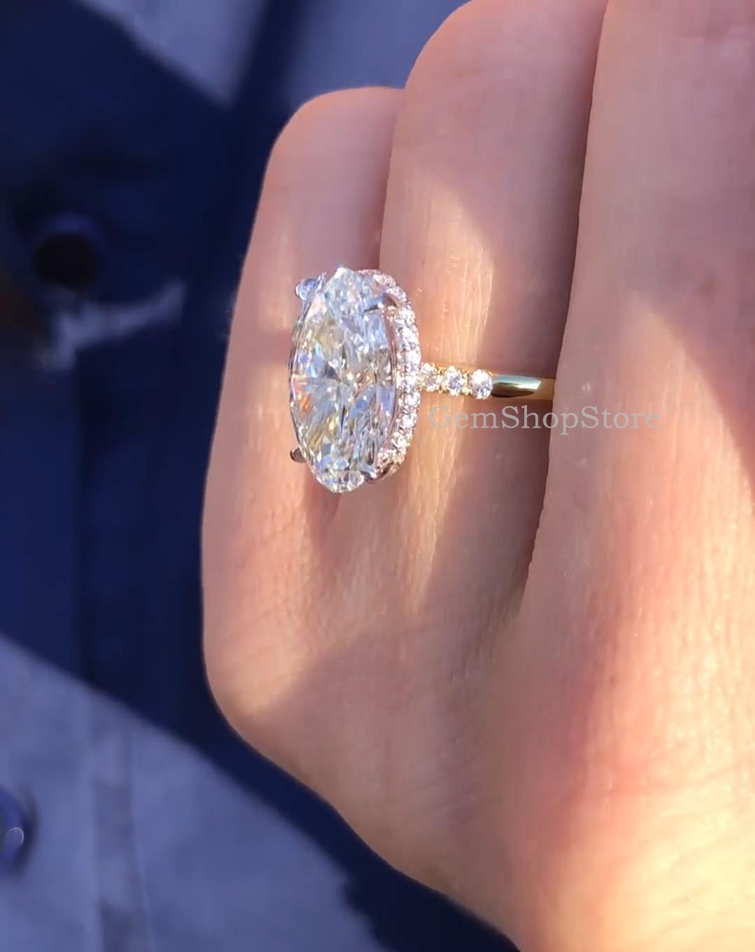 3 CT Oval Moissanite Engagement Ring Oval Hidden Halo Ring 14k Solid ...