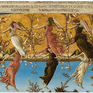 May include: A painting depicting a group of angels in a circle, holding hands and dancing in the sky. The angels are wearing flowing white and pink robes, and their wings are spread out. The sky is a bright blue, and there are clouds in the background. The painting is done in a Renaissance style, with a focus on detail and realism.