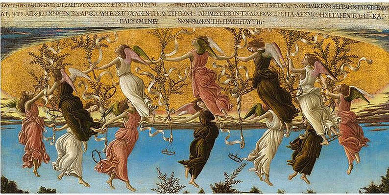 May include: A painting depicting a group of angels in a circle, holding hands and dancing in the sky. The angels are wearing flowing white and pink robes, and their wings are spread out. The sky is a bright blue, and there are clouds in the background. The painting is done in a Renaissance style, with a focus on detail and realism.