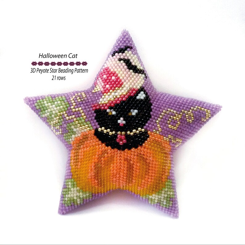 3D Star Peyote Beading PDF Pattern Halloween Black Cat in Pumpkin