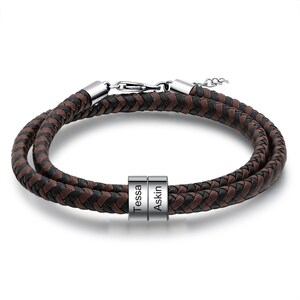 Personalized Men’s Braided Leather Bracelet with Engraved Silver Beads, Custom Name Bracelet for Him, Stylish Leather Bracelet for Men