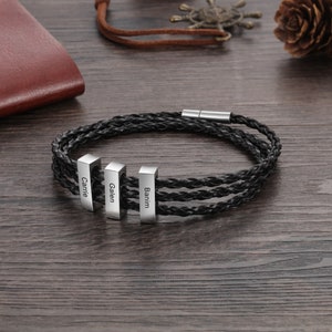 Personalized Men’s Braided Leather Bracelet with Custom Engraved Beads, Name Bracelet for Him, Unique Father’s Day Gift, Men&#39;s Bracelet