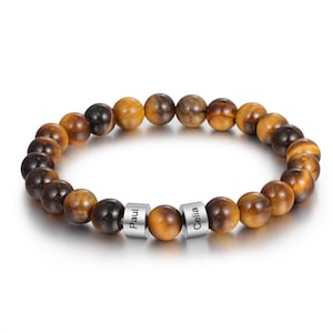 Personalized Tiger Eye Beads Bracelet with Custom Engraved Beads | Custom Men&#39;s Bracelet | Unique Gift for Him | Birthday, or Father&#39;s Day