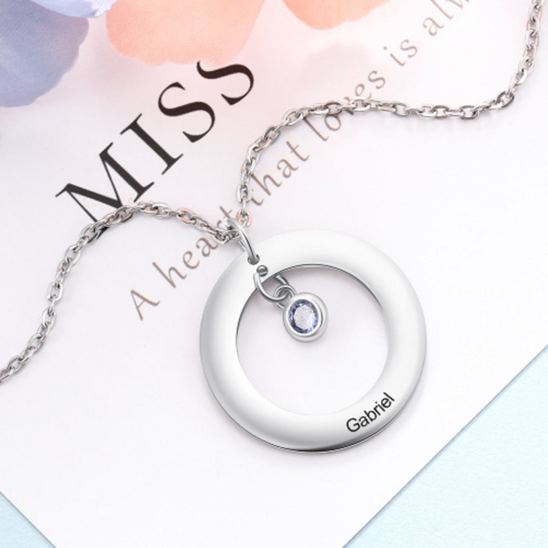 geometric necklace Personalised necklace for women Customised birthstones engraved circle necklace bespoke geometric name necklace