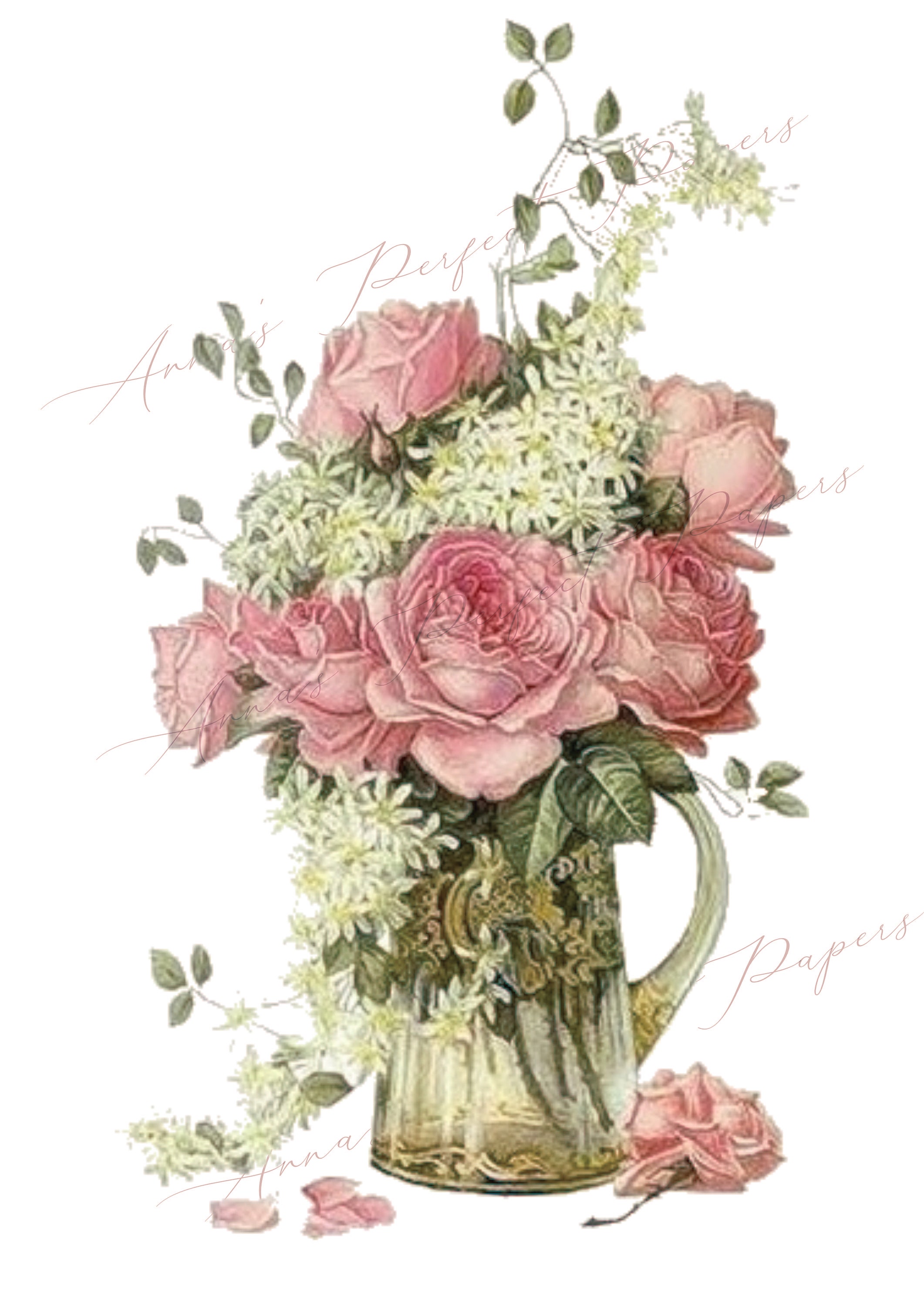 Vase of Pink Flowers Clipart Pink Rose Clip art Botanical Etsy