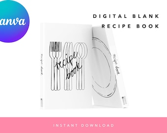 Decorative Recipe Book Template, Editable with Blank Pages for you to write your own recipes! DIY Digital Canva Download.