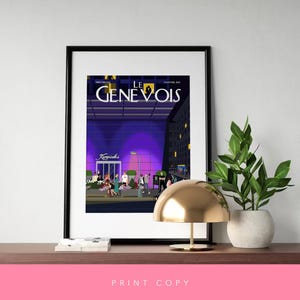 Può includere: Una stampa incorniciata di un'illustrazione colorata di un edificio con il testo "Le Genevois" sopra l'ingresso. L'edificio è illuminato in tonalità viola e rosa, e ci sono persone che camminano davanti.