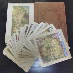 May include: A collection of square illustrated cards fanned out in a semi-circle, each featuring detailed historical maps and scenes with text labels like "Hofunowitz". A larger rectangular book with a brown embossed cover sits behind the cards.