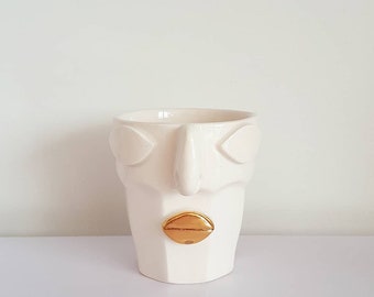 Gold detail handmade ceramic 3D coffee cup - 175ml. Three dimensional face. Glazed with 24k gold.