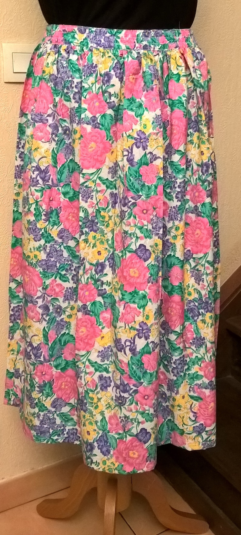 white Made in France vintage clothing girl gift pink green and blue vintage gift Vintage skirt cotton year 80 women gift