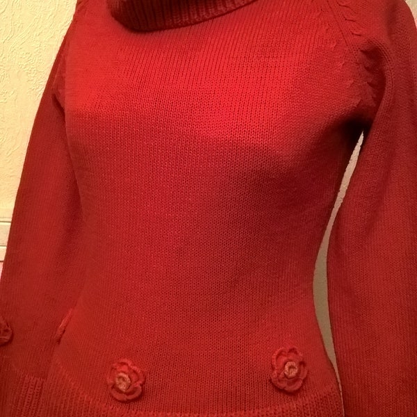 Pull vintage,Pull femme,pull fille,vêtements femme,vêtements fille,cadeau femme,cadeau fille,pull long,couleur rouge,grand col roulé,