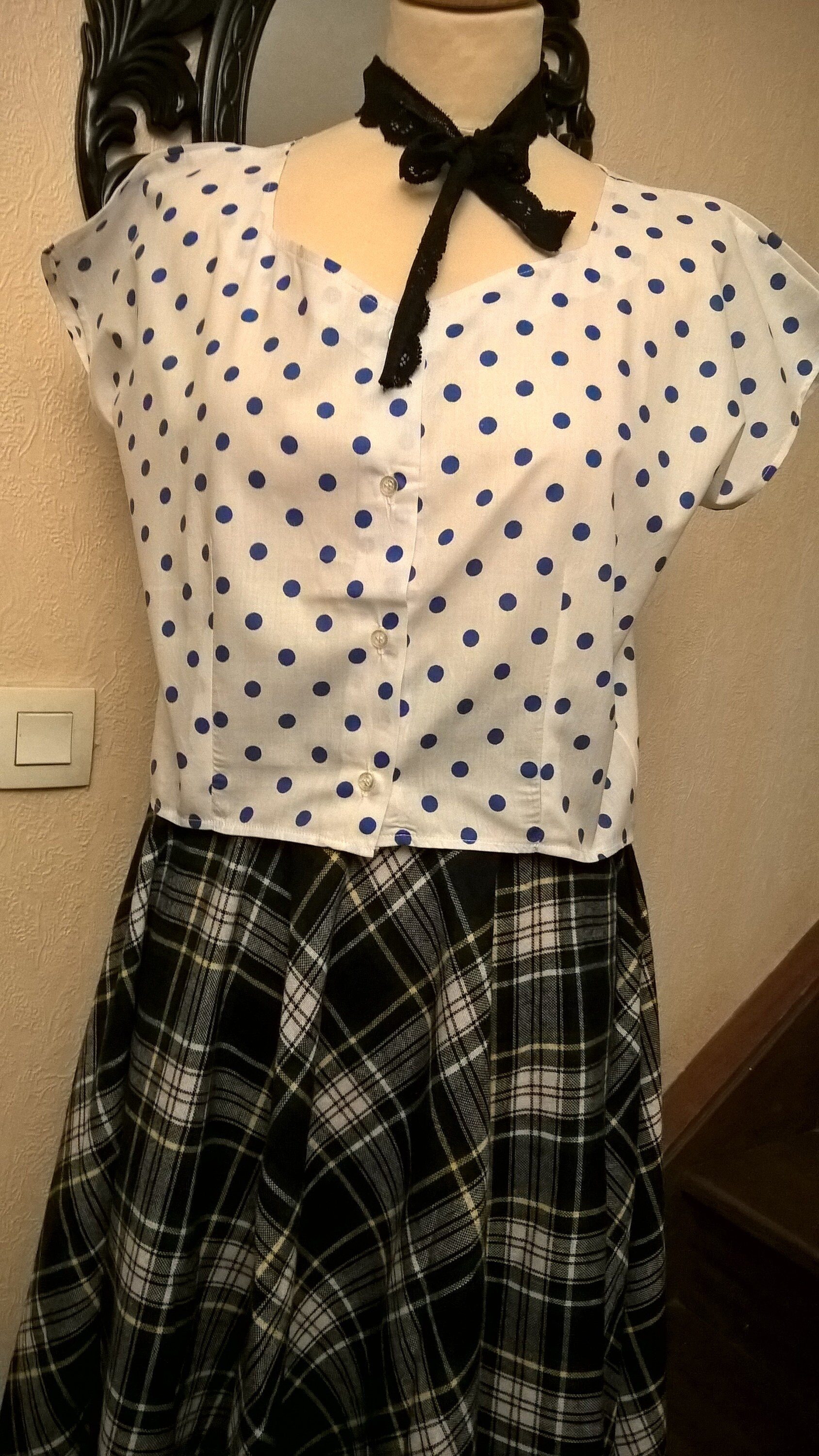 Chemisier Vintage Bernard - Coton Peigné à Pois Blanc Et Bleu Marine - Taille 42/44