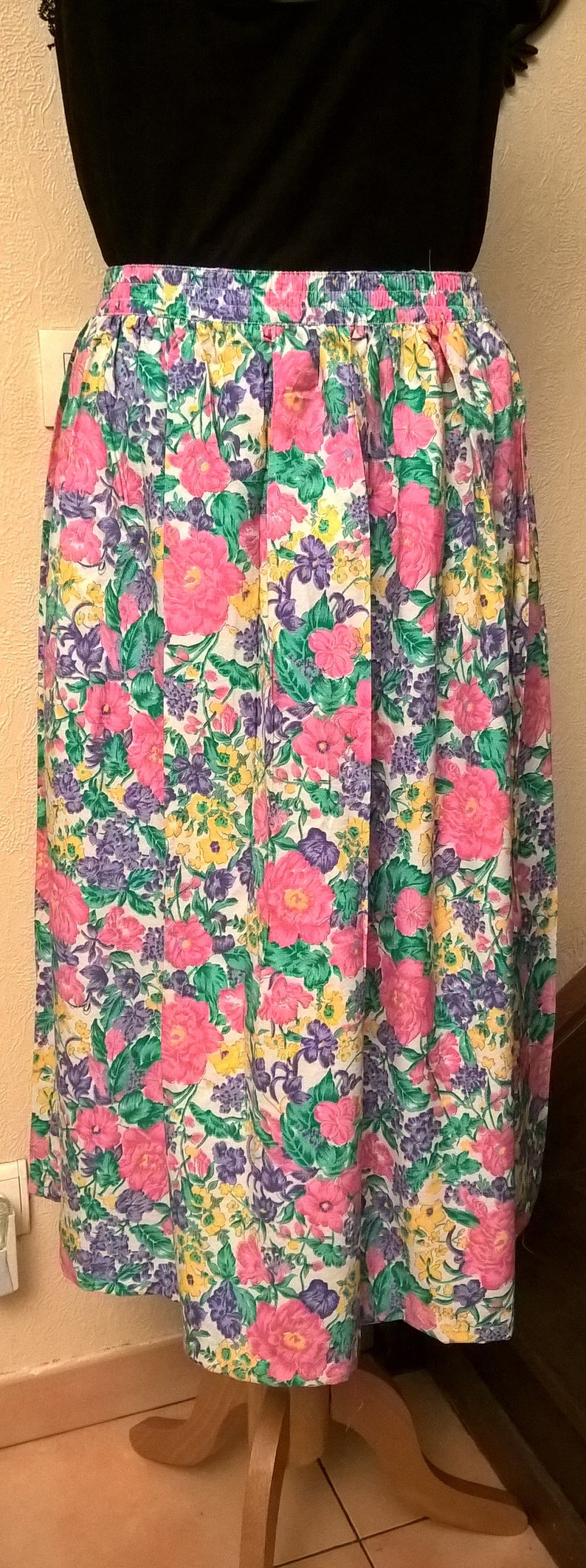 white Made in France vintage clothing girl gift pink green and blue vintage gift Vintage skirt cotton year 80 women gift