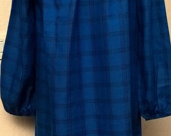Vintage dress in cotton fabric squares, blue and black, gift vintage year 80, Made in France, women gift, woman, vintage clothing