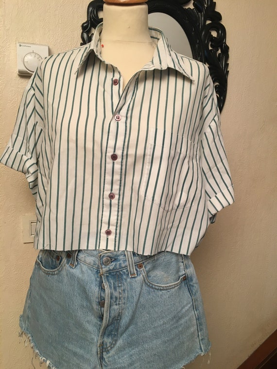 Chemise Vintage,chemise Femme,tissu coton rayé,couleur vert et blanc,cadeau vintage,Année 80,chemise fille,cadeau femme,vêtements femme