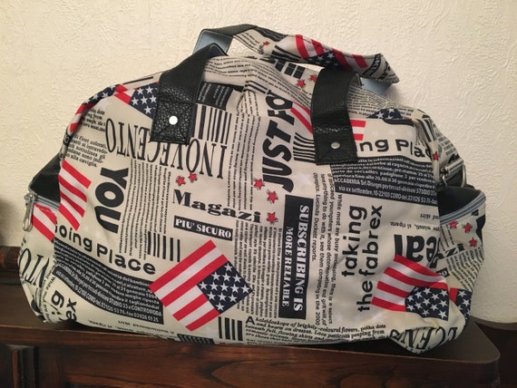 Vintage bag, travel bag,year 90,newspaper patterns